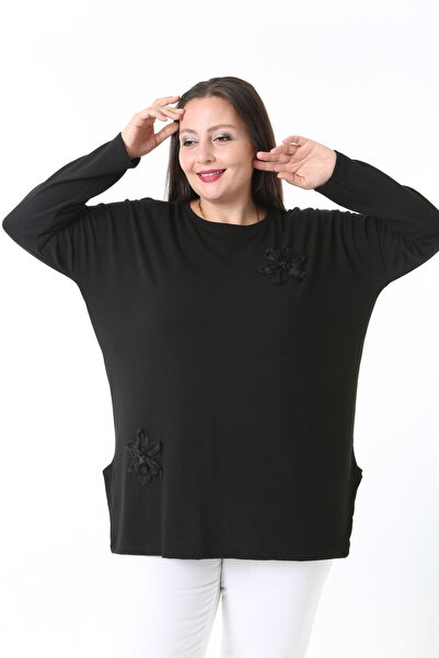 XL Modam Black Lycra Viscose Plus Size Tunic with Flower Detail