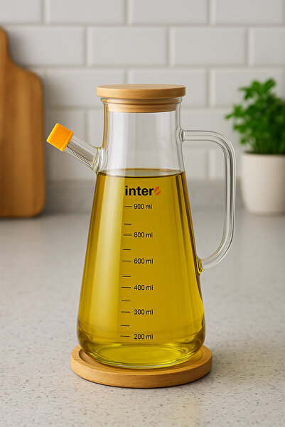 İnterlife Borosilicate 900 ml Oil Pot Bohemian Kitchen Decorative Oil Pot with Bamboo Base and Cover Leak Proof