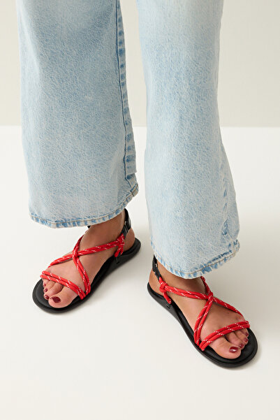 LUTVELIZADE Sandalet 2503 - Düğümlü Halat Kırmızı Kadın Sandalet