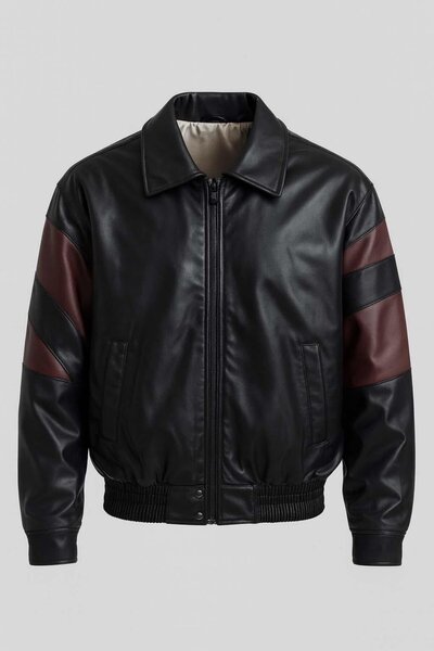 Valiberta Burton Men's Leather-Look Jacket with Garnished Sleeves and Zipper - Burgundy Black