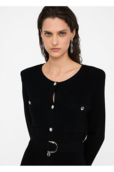 Liu Jo Kadın Normal Kalıp Düğme Kapamalı Kemer Detaylı Uzun Kollu Kısa Örme Siyah Elbise MF5371MS99E-22222