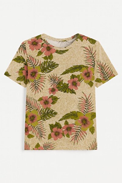 Seamoda Large Size Round Neck Flower Pattern Short Sleeve Tshirt-Beige