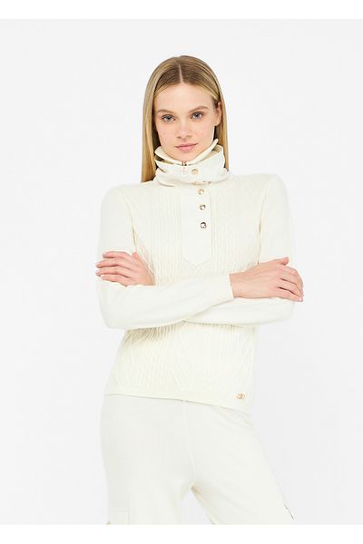 Liu Jo Women's Regular Fit Patterned High Neck Knitted Ecru Sweater Tf5039Ms75L-10103