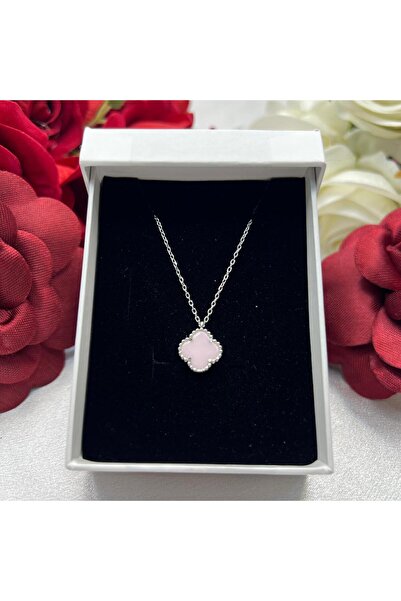 Victoria Van Cleef Yonca PembeTaşlı Kadın Kolyesi 925 Ayar Gümüş Rodyumlu 10 mm
