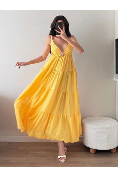 LOCH BUTİK Women's Yellow Brooch Gathered Maxi Dress
