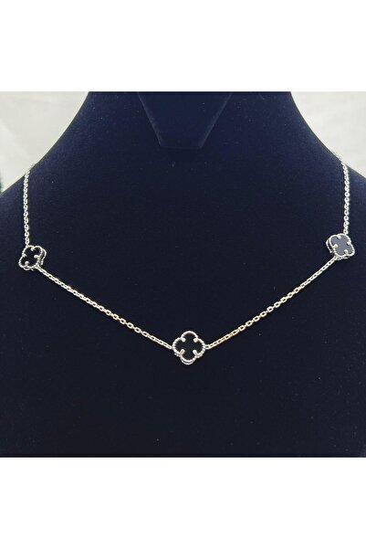 Victoria Van Cleef Yonca 3'lü Siyah Taşlı Kadın Kolyesi 925 Ayar Gümüş Rodyumlu 8 mm