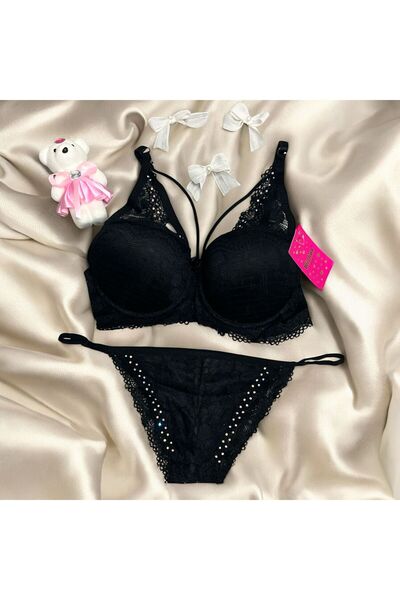 Tendora Black Stone Embroidered Lace Supported Bra Set