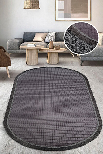 Bestekar Luxsquare Antrasit Oval Spor Saçaklı Kaymaz Taban Yumuşak Yıkanabili...
