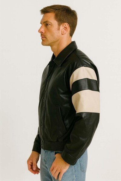 Valiberta Burton Men's Leather Look Jacket with Garnished Sleeves and Zipper - Ecru Black