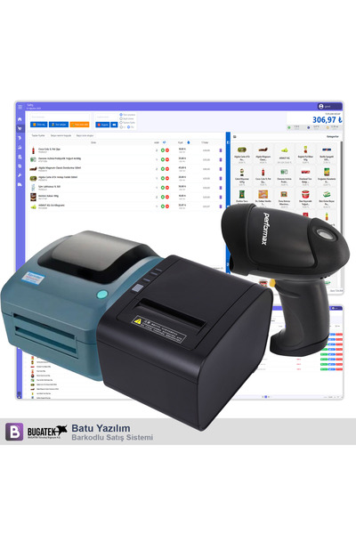 Bugatek Batu Yazılım Barkodlu Satış Sistemi + Okuyucu + Termal Barkod + Fiş Y...