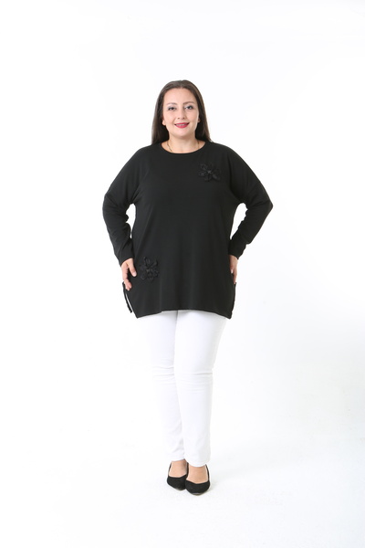 XL Modam Black Lycra Viscose Plus Size Tunic with Flower Detail