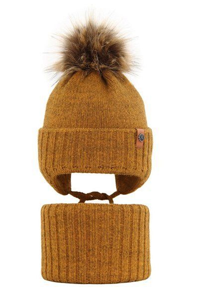 fantasialand Winter set for boys - Mustard yellow circular scarf and hat with pompom Dominik