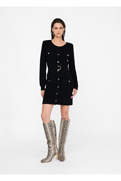 Liu Jo Kadın Normal Kalıp Düğme Kapamalı Kemer Detaylı Uzun Kollu Kısa Örme Siyah Elbise MF5371MS99E-22222