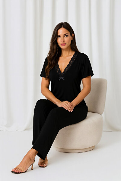 Mivoon Σετ πιτζάμες με λεπτομέρεια από ύφασμα μπαμπού με δαντέλα M-5XL