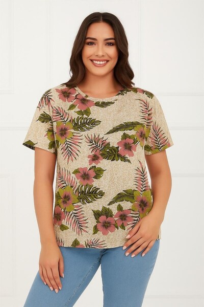 Seamoda Large Size Round Neck Flower Pattern Short Sleeve Tshirt-Beige