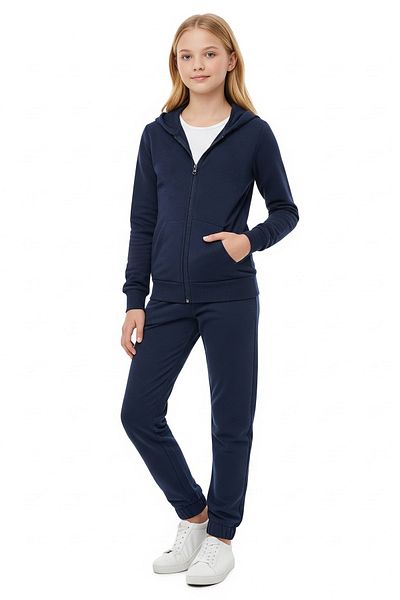FYK KİDS Zipped Hooded Kangaroo Pocket Solid Printless Girl's Tracksuit Set
