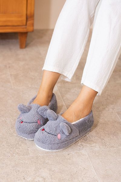 ALTUNTAŞ Winter Women's Home Shoes Slippers Booties Frog Figured Anti-Slip Sole Gray