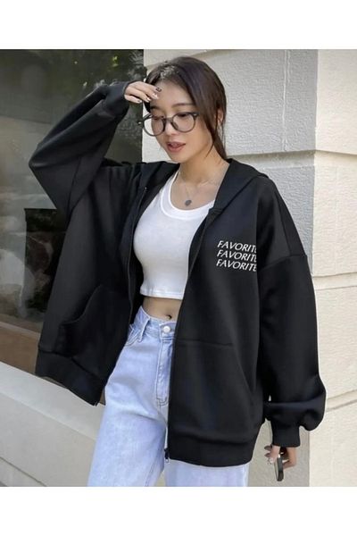 BYMEER Black Favorite Printed Zippered Cardigan Sweatshirt