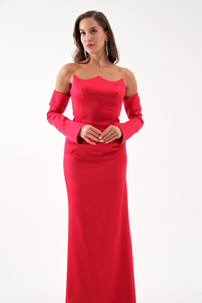 Lafaba Women's Red Sleeve Detail Long Satin Fish Evening Dress