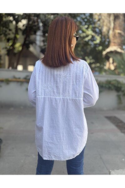 DenizEge Πουκάμισο με ιταλικό γιακά με βρετανική κεντητική χρήση χρώματος λευκό