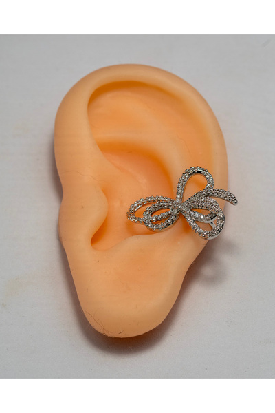 Piercing by Sever Bow Model Ring Chickenfeet Earring Earcuff... Silver/Silver Color and Transparent Stone.