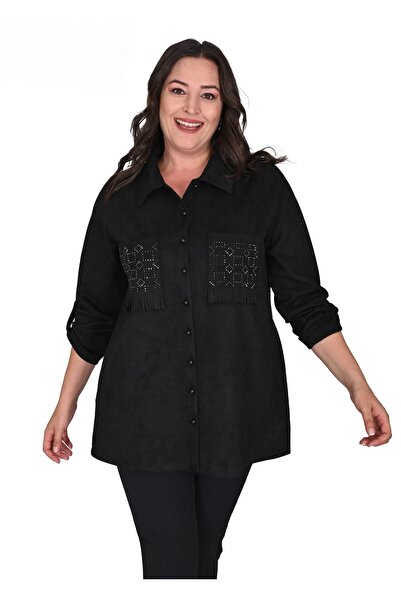 Genel Markalar 2403 Büyük Beden Püskül Taş Detaylı Yakalı Güderi Ceket