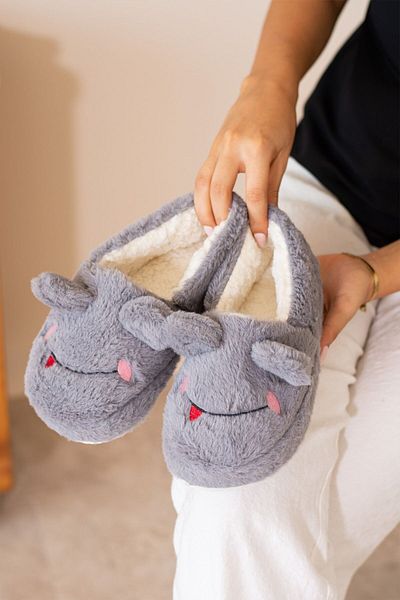 ALTUNTAŞ Winter Women's Home Shoes Slippers Booties Frog Figured Anti-Slip Sole Gray