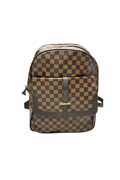 IQTENA Classic Checkered Backpack – Brown & Black, Faux Leather, Adjustable Straps, Front Pocket
