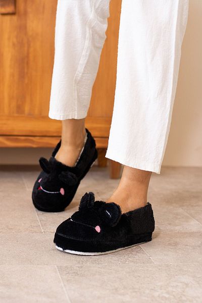 ALTUNTAŞ Winter Women's Home Shoes Slippers Booties Frog Figured Anti-Slip Sole Black