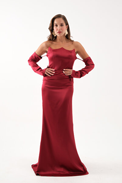 Lafaba Kadın Bordo Kol Detay Uzun Saten Balık Abiye Elbise