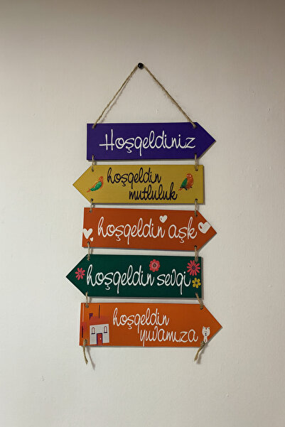 EVİMDM Renkli Karşılama Tabelası – Hoşgeldiniz Yazılı 5’li Ahşap Set