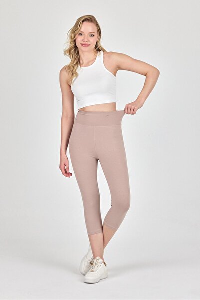 mmetalic بنطال كابري ضيق عالي الخصر باللون البيج للنساء