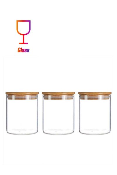 Generic 3-Piece Food Storage Jar With Bamboo Lid Set Clear/Beige 500ml