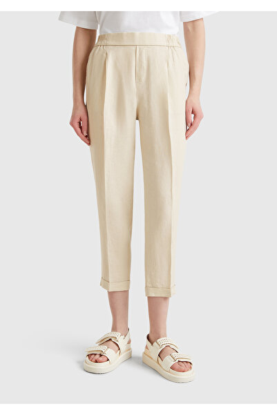 United Colors of Benetton Women's Stone Color 100% Linen Elastic Waist Trousers