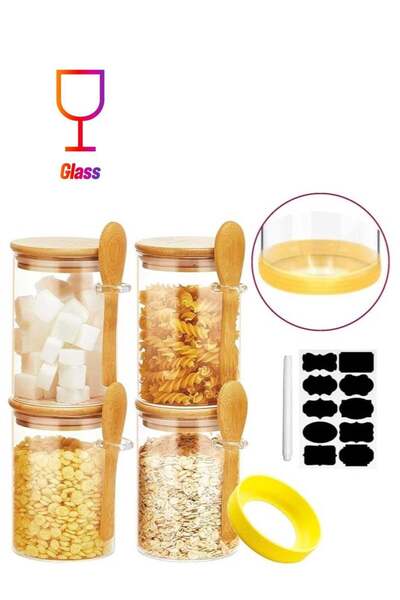 Generic TYCOM Glass Storage Jar (4 Pcs) With Bamboo Lids and Bamboo Spoon, Airtight Food Jars Kitchen Food