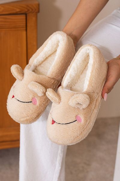 ALTUNTAŞ Winter Women's Home Shoes Slippers Booties Frog Figured Non-Slip Sole Beige