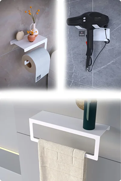 alfams by fmsa Metal Set of 3 |   Toilet Paper Holder + Towel Rack + Blow Dryer Holder – Modern, Long Lasting