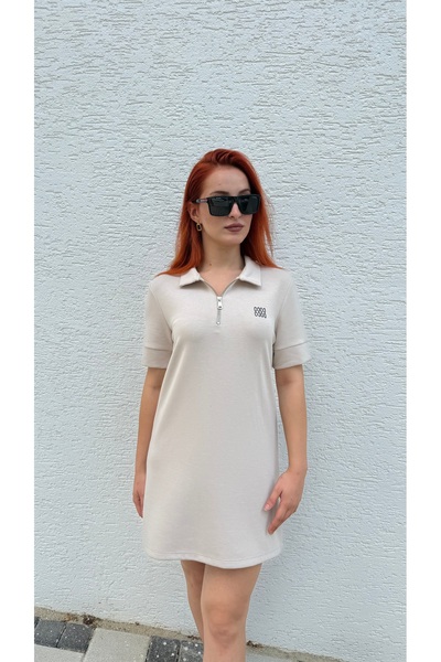 BURKAY Women's Polo Neck Zipper Short Sleeve Basic Dress – Comfortable and Stylish Casual Style