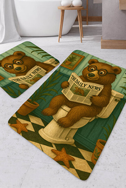 Harikabirev Amazing | Bathroom and Toilet Mat Modern Design with Bear Reading Newspaper Motif | Mop