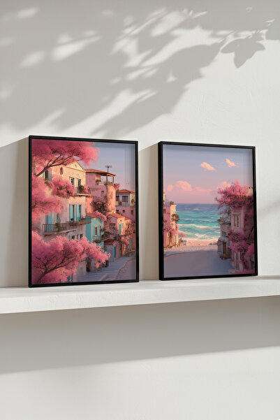 STARYUNA Set de pictură dublă cu vedere la mare, străzi de Ibiza cu flori roz...