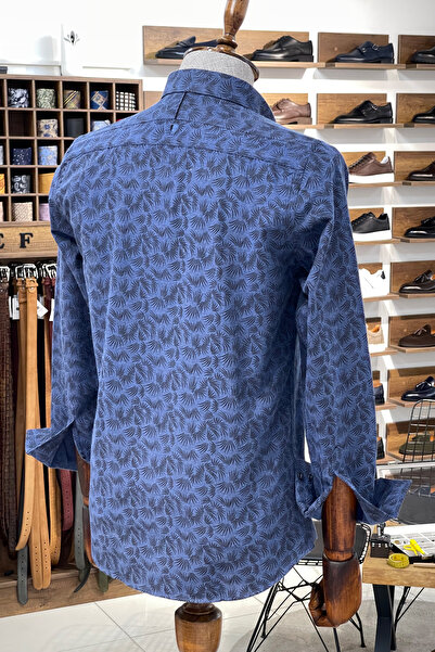 NAZEF Slim Fit Indigo Patterned Cotton Shirt