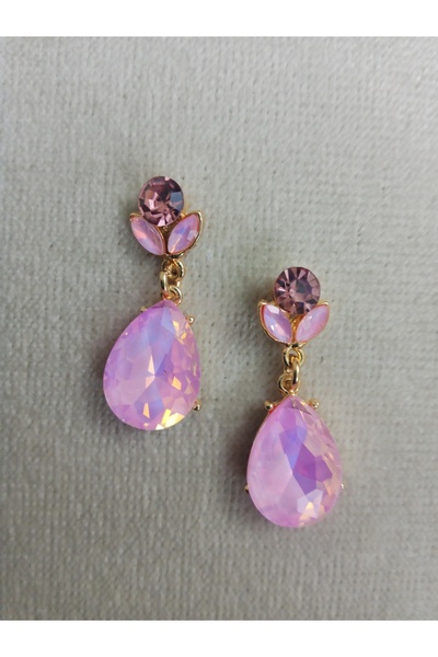 Pervin Ablacım Steel Pink Drop Stone Top Pink Leaf Swing Earrings