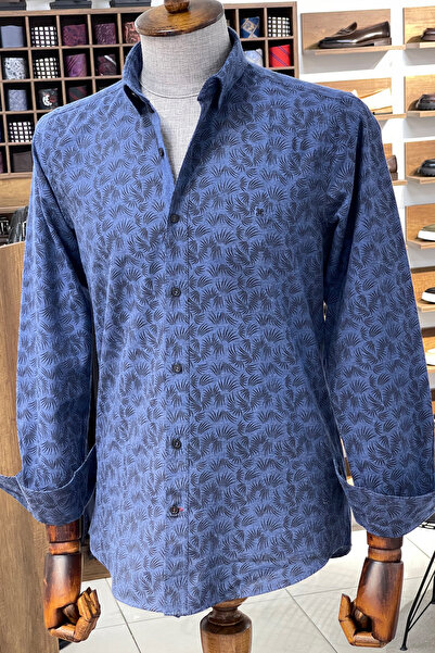 NAZEF Slim Fit Indigo Patterned Cotton Shirt