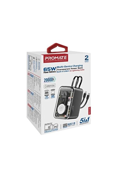 Promate 65W Multi-Device Charging Transparent Power Bank with Built-In USB-C & Lightning Cable