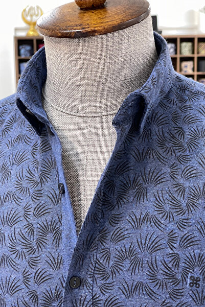 NAZEF Slim Fit Indigo Patterned Cotton Shirt