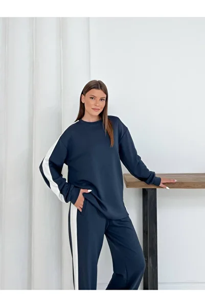 DESTEMIRA Modal Fabric Stripe Detailed Oversize Fit Pocket High Waist Trousers Blouse Tracksuit Set