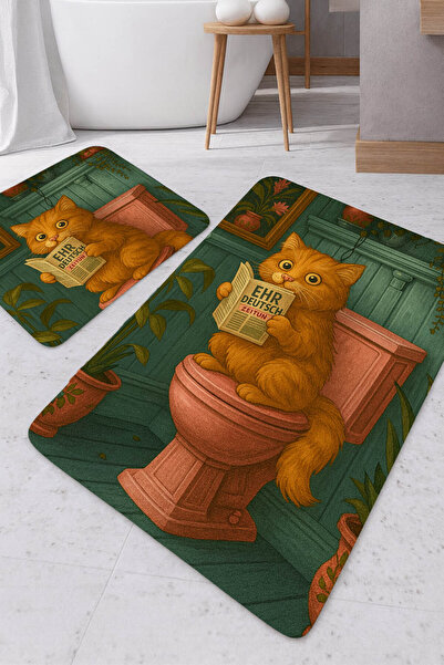 Harikabirev HARİKABİREV|BANYO VE TUVALET PASPASI GAZETE OKUYAN SARMAN KEDİ MOTİFİ MODERN TASARIM|PASPAS