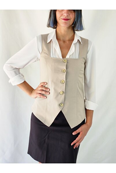YAXİ Square Collar Unlined Beige Woven Vest