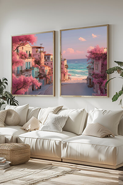 STARYUNA Set de pictură dublă cu vedere la mare, cu flori roz, cu cadru din l...