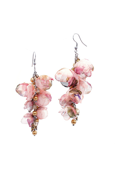 Corizmi Cercei lungi stil ciorchine cu flori din voal, perle si cristale, handmade, Latin Love